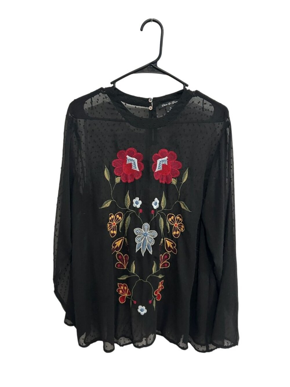 Olivia & Grace XL Black Sheer Embroidered Floral Blouse Romanticcore Boho Chic